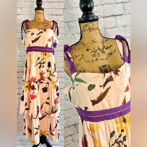 Floral Maxi Dress with Double Straps Bow Purple Cream Floral Tiered Romantic